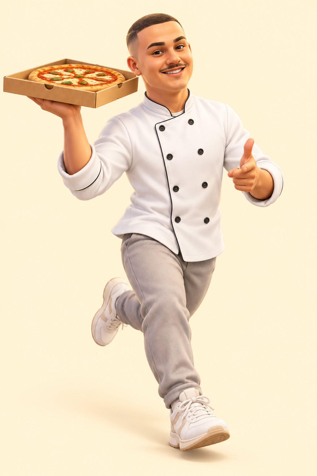 Caricatura do jovem Chef John correndo com uma pizza